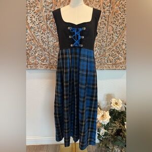 German Style Midi Dirndl Oktoberfest Fest Dress, Ramsey Blue Plaid Tartan